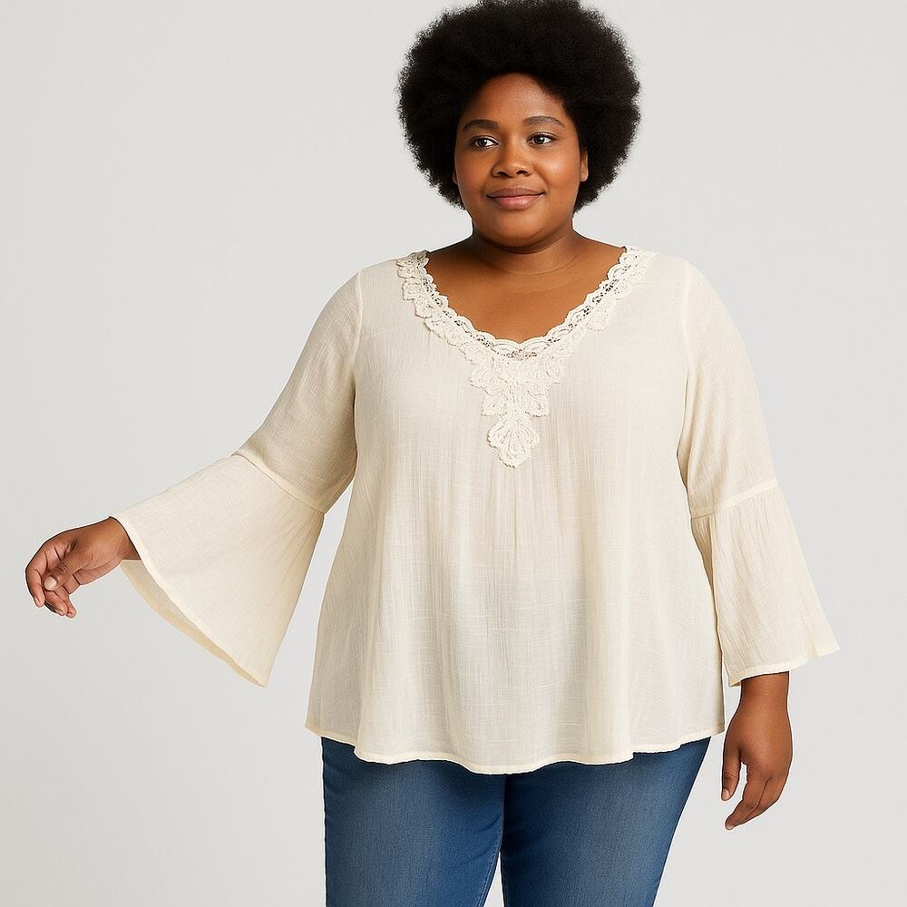 Valerie Stevens Cream Ruffled 3/4 bell Sleeve gauze Blouse w lace detail 1X plus